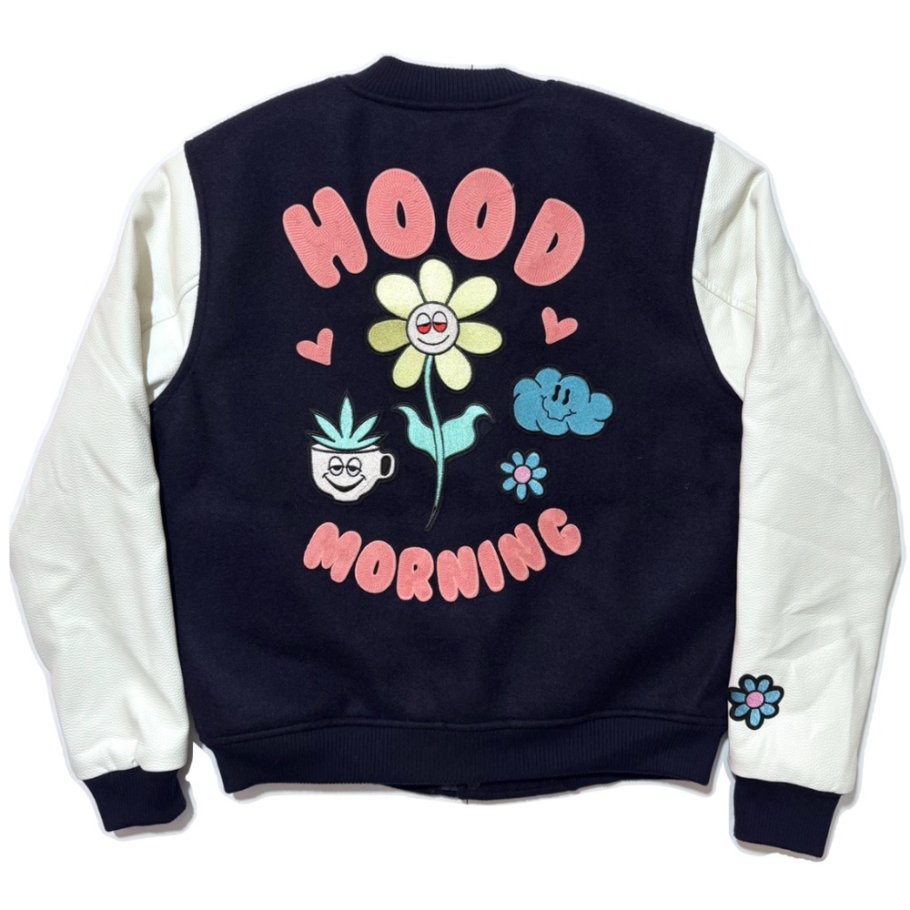 RokuStudio Hood Morning Navy and White Varsity Jacket Size Medium NWT